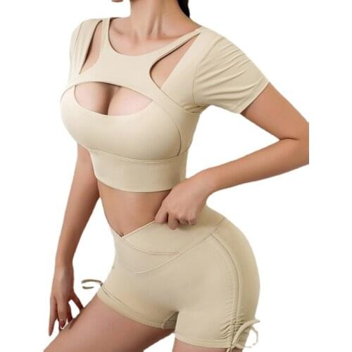 New Sexy Hollow Short Sleeve Yoga Suit Running Top Yoga T-shirt Shorts Workout Clothes