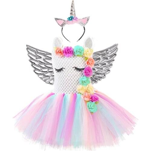 Pastel Unicorn Tutu Dress Baby Kids Girls Flowers Birthday Masquerade Party Dresses Child Purim Day Halloween Christmas Costume