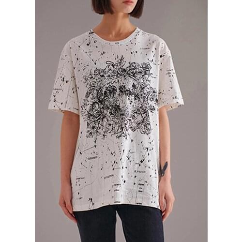 Retro, geométrico, estampado, estampado, cuello redondo, jersey, suelto, algodón, manga corta, camiseta, damas, otoño, nuevo est