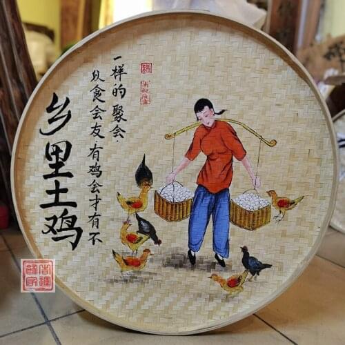 Retro Hand-Painted Bamboo Dustpan Wicker Tray Round Woven Chinese Painting Background Farmhouse Hotel Wall Decoration
