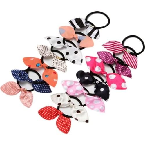 Women Girl Cute Long Rabbit Ears Bowknot Elastic Hair Rope Polka Dot Stripe Heart Cloth Rubber Band Metal Buckle Ponytail Holder