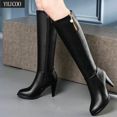 New Fashion Autumn Winter Sexy Shoes for Women High Heels Sex Boots Knee High Boots for Women Wide Calf Solid Black Botas Mujer