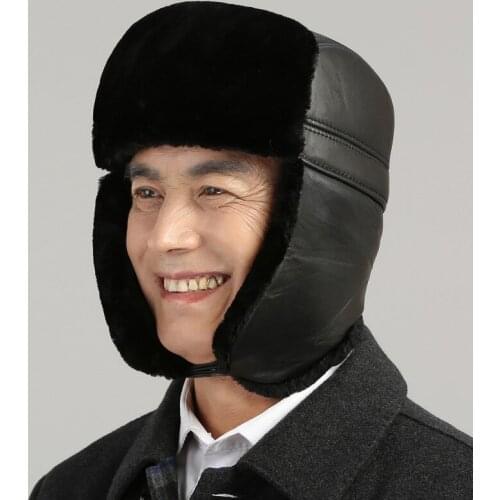 Genuine Leather Bomber Hat Middle-aged Elderly Mens Winter Earmuffs Cap Dad Warm Thickened Casual Fashion Scarf Hats H7140