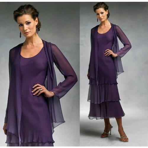 Grape Purple Chiffon Mother Of The Bride Dresses With Jacket Full Sleeve Ankle-Length Retro Wedding Formal Evening Gowns Elegant