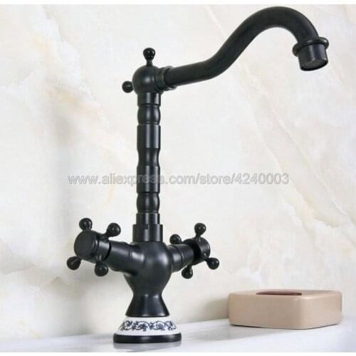 Basin Faucets Black Oil Brass Bathroom Sink Faucet Double Handle Swivel Hot Cold Mixer Water Tap Knf644