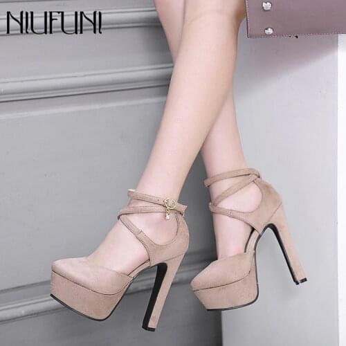 NIUFUNI 2020 Fashion 14CM Ultra High Heels Sweet Round Toe Platform Pumps Flock Cross-Tied Women Sandals Summer Shoes Woman
