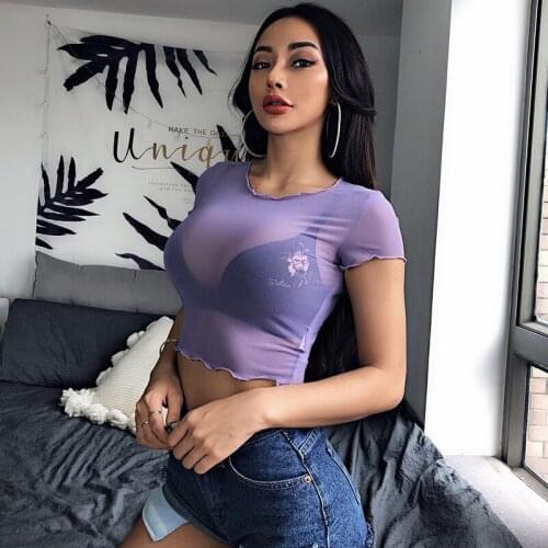 Umeko Mesh Crop Top Neon Green Short T-shirt Vogue Transparent Sexy Tshirt Short Sleeve High street Club Wear Camiseta Mujer