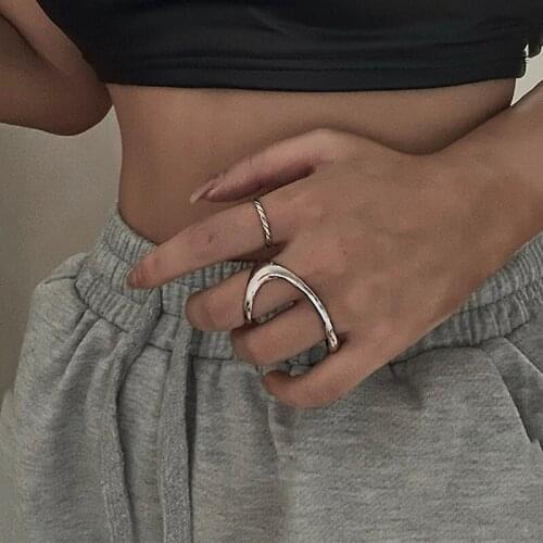 Exaggerated Simple Two Finger Rings For Women Female Korean Style Geometric Minimalist Jewelry Punk Vintage Rings Bague Gift
