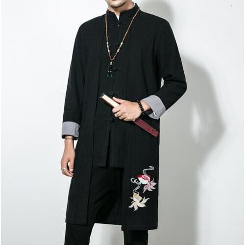 Large Size Loose Windbreaker with Chinese Style Embroidered Fish Collar with Retro Buckles Embroidery Trench Outwear Coat
