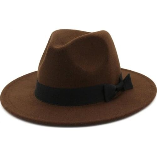 Vintage flat brim jazz felt fedoras hats with Bowknot band panama Trilby formal chapeau headgear for men women unisex