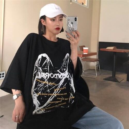 Female Korean Harajuku Loose Retro Letter Print Tshirt Womens T-shirts Tops Japanese Kawaii Ladies Ulzzang Clothes For Women