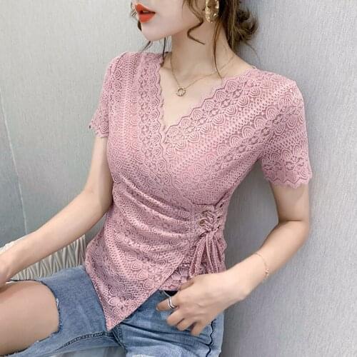Summer Short Sleeve Lace Tops 2021 New Sexy T-shirt Hollow Out V-neck Lace Tshirt Elegant Pink Black Slim Plus Size t Shirt