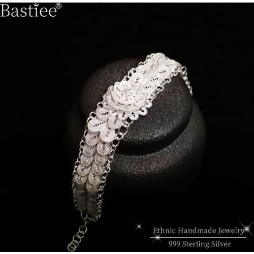 Bastiee Flower 999 Sterling Silver Big Bracelets For Women Handmade Luxury Jewelry Charm Bracelet Femme Ethnic Hand Chain Gifts