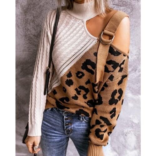 2021 Autumn Women Pullover Turtleneck Sweater Sexy Off Shoulder Leopard Splice Knitted Stylish Korean Lady Jumpers