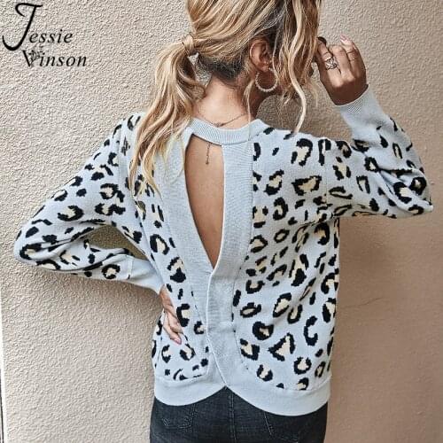 Jessie Vinson Leopard Printed Womens Sweaters Crew Neck Back Hollow out White Sweater Women Casual Knitted Pullover Sweater
