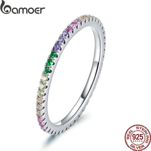 BAMOER Rainbow Color Silver Ring 925 Sterling Silver Colorful CZ Stackable Finger Rings for Women Statement Fine Jewelry BSR168