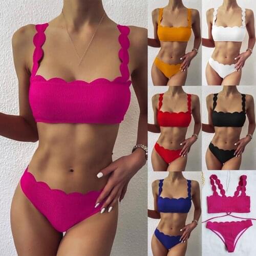 Womens Sexy Solid Color Bikini 2-Piece Cut Flower Split Swimsuit Suit