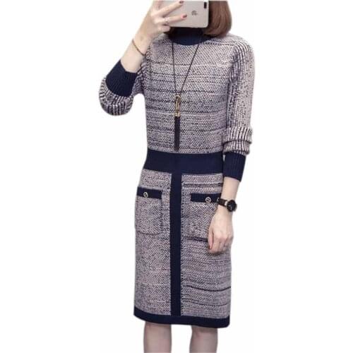 2021 NEW Fashion Knitted Dress Women Autumn Winter Turtleneck Sweater Long Sleeve Pullover Casual Stretch Bottoming Dress KW474