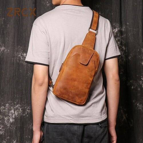 ZRCX Mens Genuine Leather Chest Bag Leather Mens bag Ladies Sports Small Shoulder Bag Crazy Horse Leather Messenger Bag