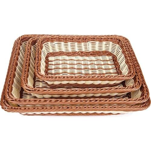 4 Pack Imitation Rattan Rectangle Woven Bread Basket, Poly-Wicker Food Fruit Serving Display Basket for Home