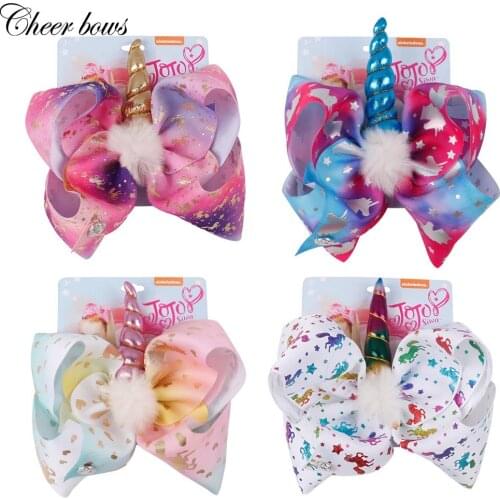 8 Inch Jojo Siwa Large Hair Bow White Pompom Rainbow Bowknot JOJO BOWS Handmade printed ribbon Hairbows Girls Hair Accessories