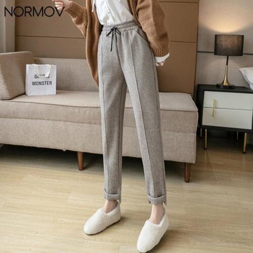 NORMOV Women Pants Autumn Winter Casual Woolen Trousers High Waist Loose All Match Harem Pants Casual Ankle-Length Straight Pant