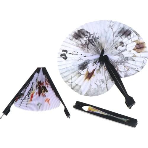 Decorative Fan Chic Female Handheld Fan Chinese Pocket Folding Hand Fan Round Circle Printed Paper Party Decor Gift Color Random