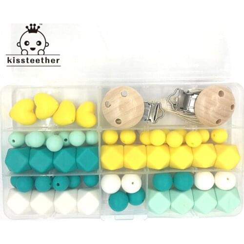 Baby Teether Toys Silicone Teething Kit Geometric Hexagon Silicone Wooden Pacifier Clip Teething Beads DIY Nursing Necklace