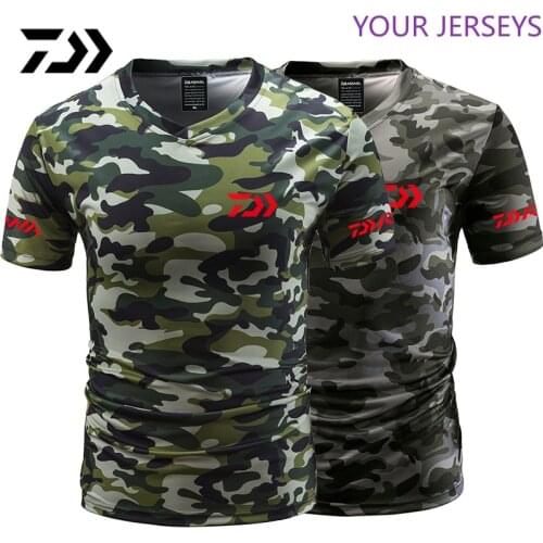 Daiwa Fishing Tshirt Summer Anti-sweat V Neck Camouflage Green T-shirt Sports Wear Breathable Quick Dry Clothing DAIWA Pesca