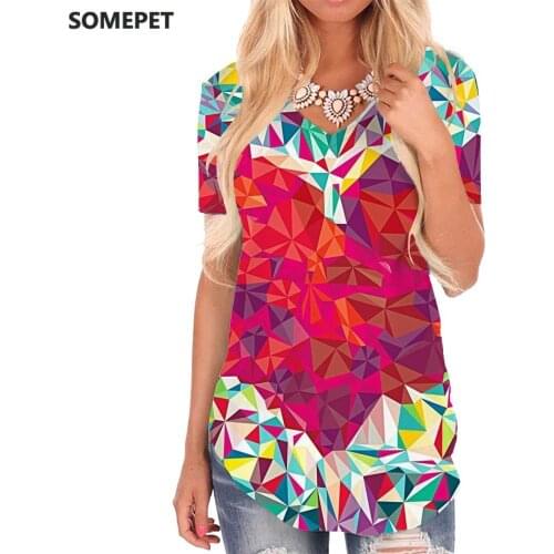 SOMEPET Love T-shirt women Colorful Tshirts Printed Geometry T-shirts 3d Pattern V-neck Tshirt Womens Clothing Summer Loose