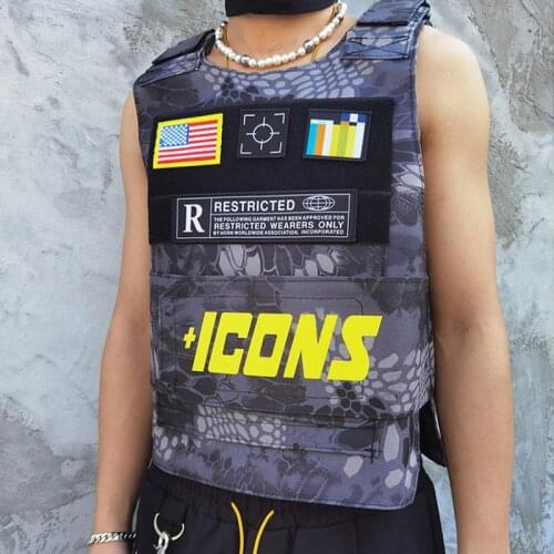 Techwear Letter Print American Hip Hop Mens Cargo Vest Sleeveless Jacket Male Patchwork Casual Tactical Loose Streetwear Top