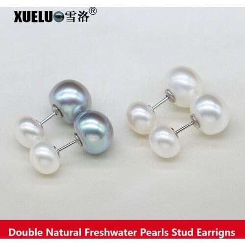 Fashion Women' Earring Jewelry Double Natural Real Cultured Freshwater Pearl Stud Earrings
