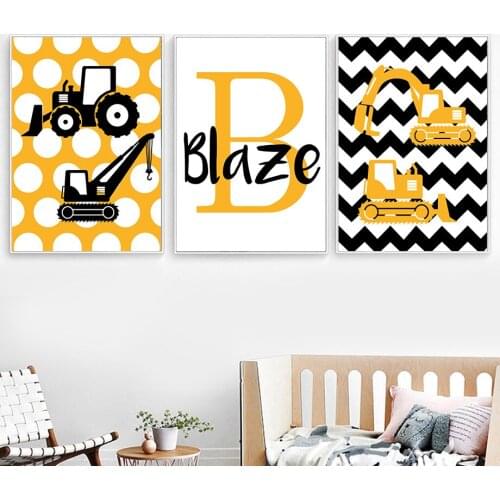 Abstract Name Custom Wall Art Poster Digger Crane Canvas Painting Black Yellow Line Art Print Nordic Picture Baby Kid Room Decor