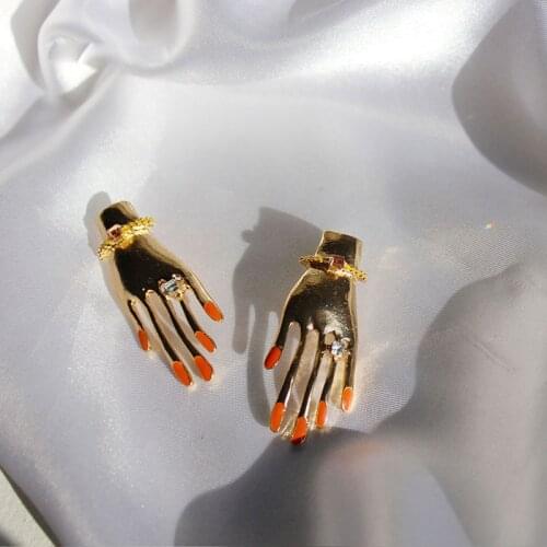 SRCOI New Geometric Red Drip Glaze Abstract Small Hand Metal Rhinestone Stud Earrings Hip Pop For Girls Women Party Jewelry