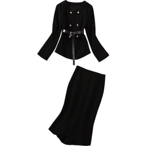 Office Lady Two Pieces Outfits 2Pcs Set Black Suit Double Breasted Buttons Blazer Jacket + Knee Length Tight Mermaid Skirt