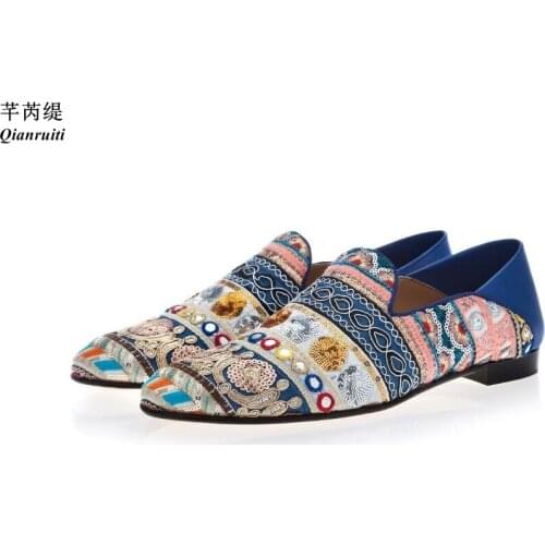 Qianruiti Belgian Fashion Men Casual Shoes Mixed Color Loafers Slip-on Flats Glitter Patchwork Wedding Shoes Men