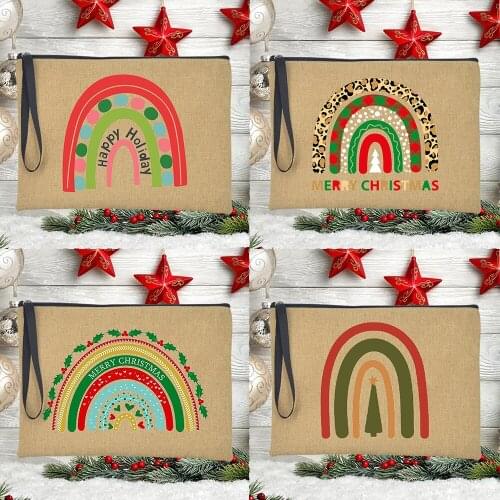 Rainbow Merry Christmas Women Clutch Bag Fashion Casual Linen Cosmetic Makeup Pouch Handbag Lipstick Orange Female Xmas Gifts
