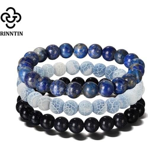 Rinntin 3pcs/set Natural Lapis lazuli Stone Beaded Stretch Bracelets for Men Women Energy Strengthen Couple Bracelets Gift GMB39