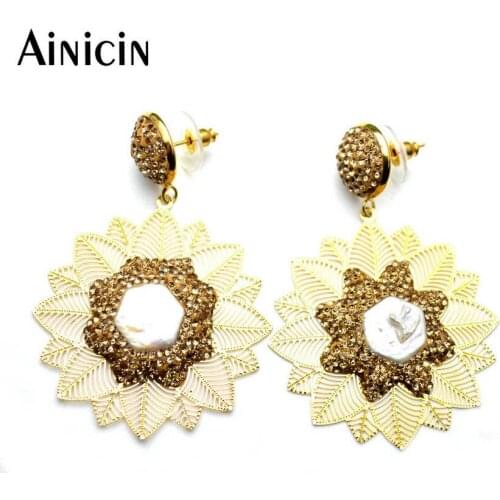 Natural Freshwater Pearls Sunflower Stud Earrings Champagne Rhinestone Crystal Paved fashion Women Party Gift Jewelry