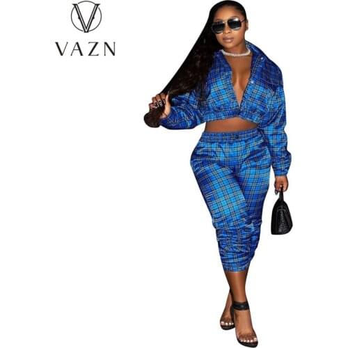 VAZN 2020 V-neck Casual Young Sexy High Street Soft Full Sleeve Long pants Women 2 Piece Set
