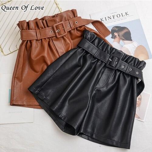 2020 Autumn Winter Women Elegant PU Leather Short Pant Fashion High Waist Shorts Girls A-Line Bottoms Wide-Legged Shorts