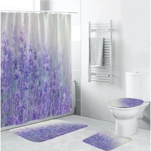Vintage Plant Lavender Purple Shower Curtains Set Bath Mat Set Toilet Cover Bathroom Accessories Bathroom Rug Set