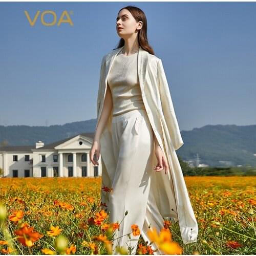 VOA 34m/m Truffle Cream White Water Drop Pine Embroidery Lapel Three-dimensional Fold Single Row Buckle Long Windbreake FE101