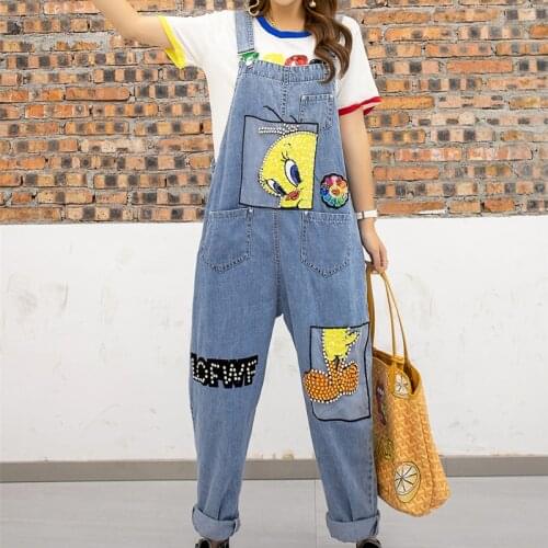 Women Loose Denim Overalls Plus Size Luxury Sequined Beading Casual Cartoon Romper Street Fashion Jeans Playsuit Jumpsuit