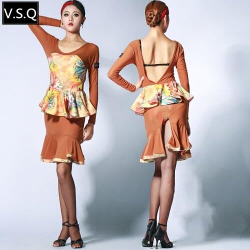 2018 Latin Dance Dress Women Sexy Costumes print long Sleeve Standard Dance Dresses Clothes For Salsa Performance Wear