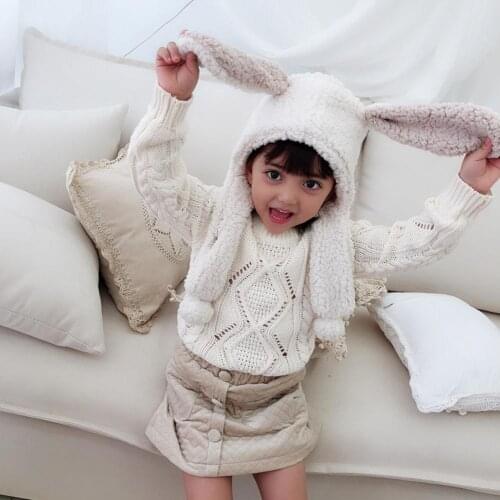 Winter Knitted Hat Integrated Portable Elastic Soft Warm Comfortable Cotton Velvet Bunny Ear Cap With Lock Loop For Boys Girls