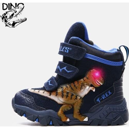 DINO T-Rex 3D Blinking LED Winter Snow Boots 3-7Y Children Boys Girls Cow Suede Leather Warm Plush Lightweight Kids Casual Shoes