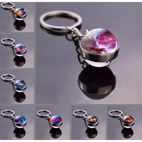 Nebula Galaxy Double Sided Pendant Keychain Glass Art Picture Handmade Statement Universe Planet Jewelry Key Chain