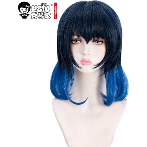 HSIU Hashibira Inosuke Cosplay Wig Anime Demon Slayer: Kimetsu no Yaiba Black and blue gradient color wigs,Fiber Syntheitc wig