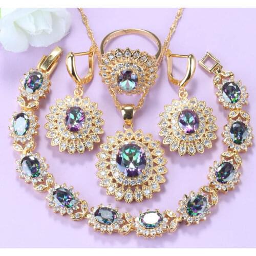 Exquisite Sunflower Costume Rainbow Stone Color Gold African Women Fashion Wedding Big Jewelry Sets Free Gift Box